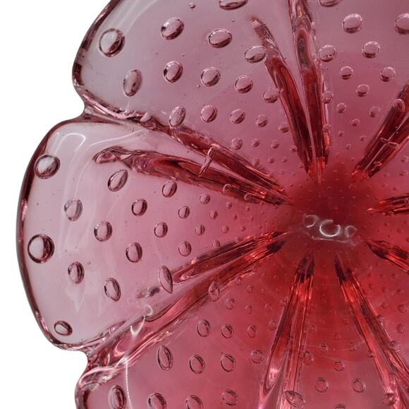 Small Murano Cranberry Art Glass Bowl Controlled Bubble Handle Dish Vintage Red - Picture 2 of 15